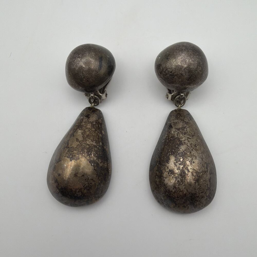 Vintage Scooter Paris Puffy Teardrop Drop Clip On Earrings Oxidized Silver Tone